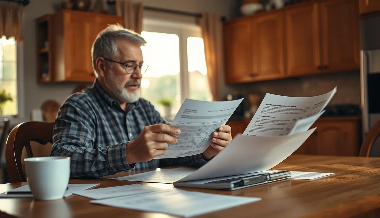 Homeowner reviewing property tax documents and calculator at kitchen table