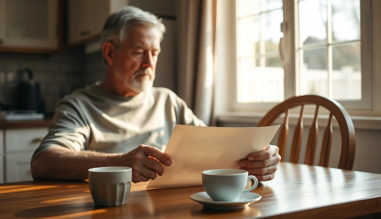 Homeowner reading a property tax appeal decision letter at kitchen table