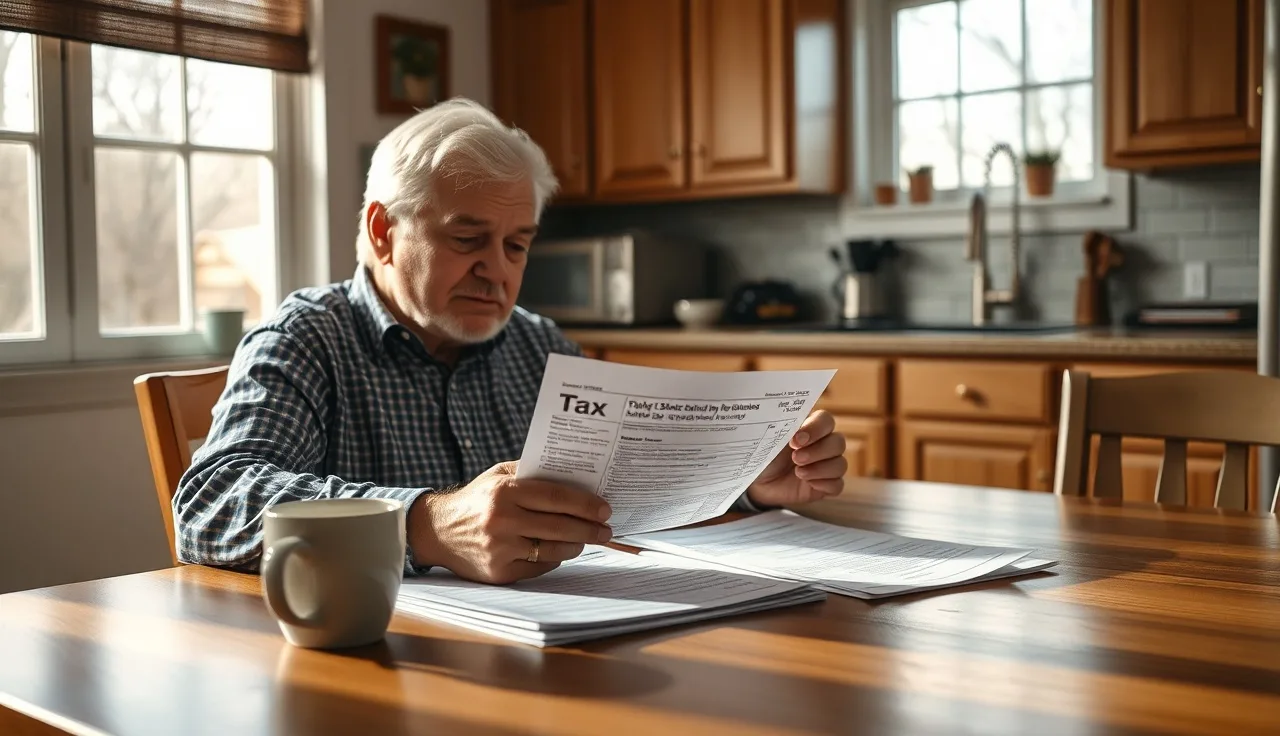 Homeowner reviewing property tax and escrow statements at kitchen table