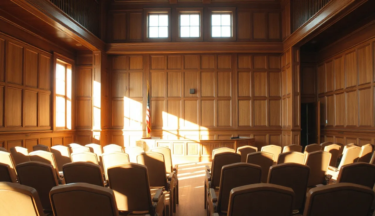 Empty municipal hearing room with morning light, setting for property tax court appeal