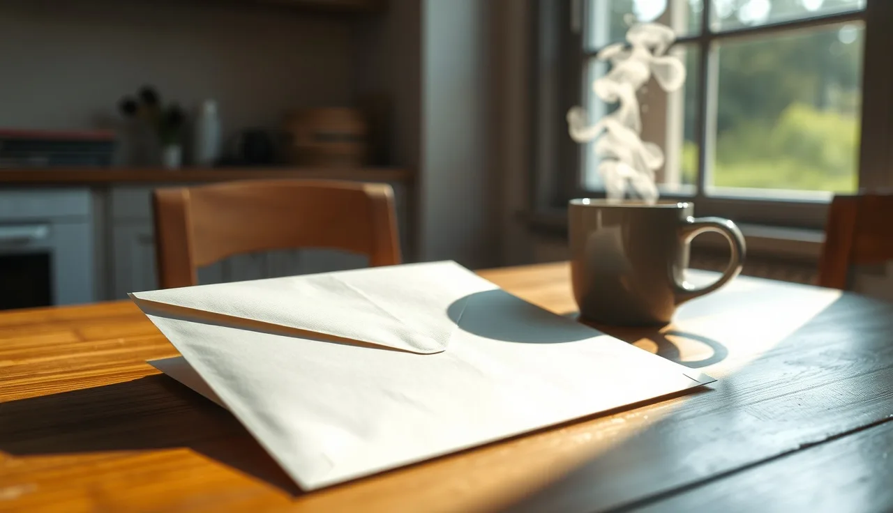 Opened envelope on wooden table with morning light, suggesting a property tax appeal decision arrival