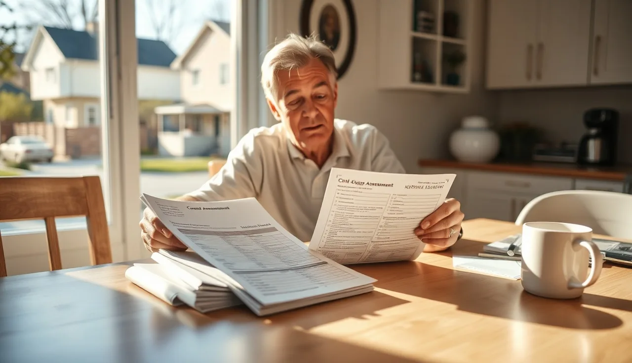 Homeowner reviewing property tax assessment notices at a kitchen table