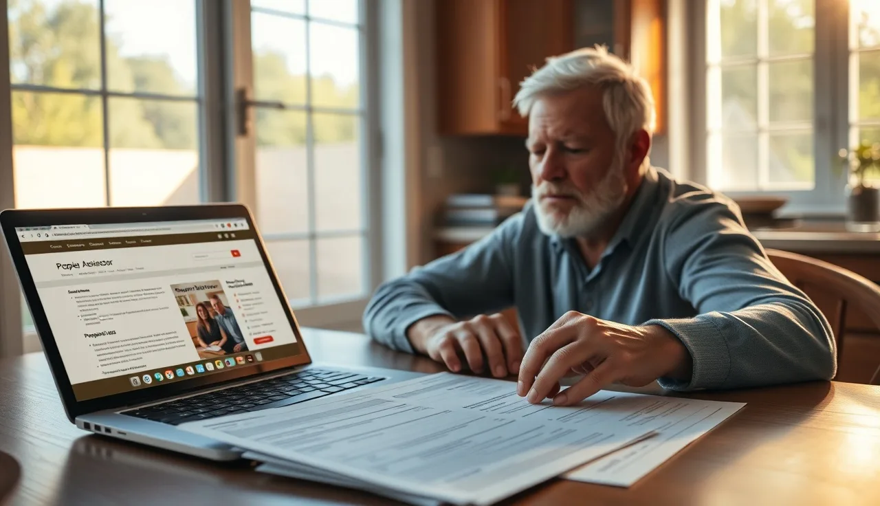 Homeowner reviewing property tax appeal documents at kitchen table with laptop open