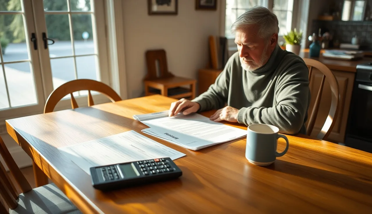 Homeowner reviewing property tax documents and calculator at kitchen table after assessment reduction