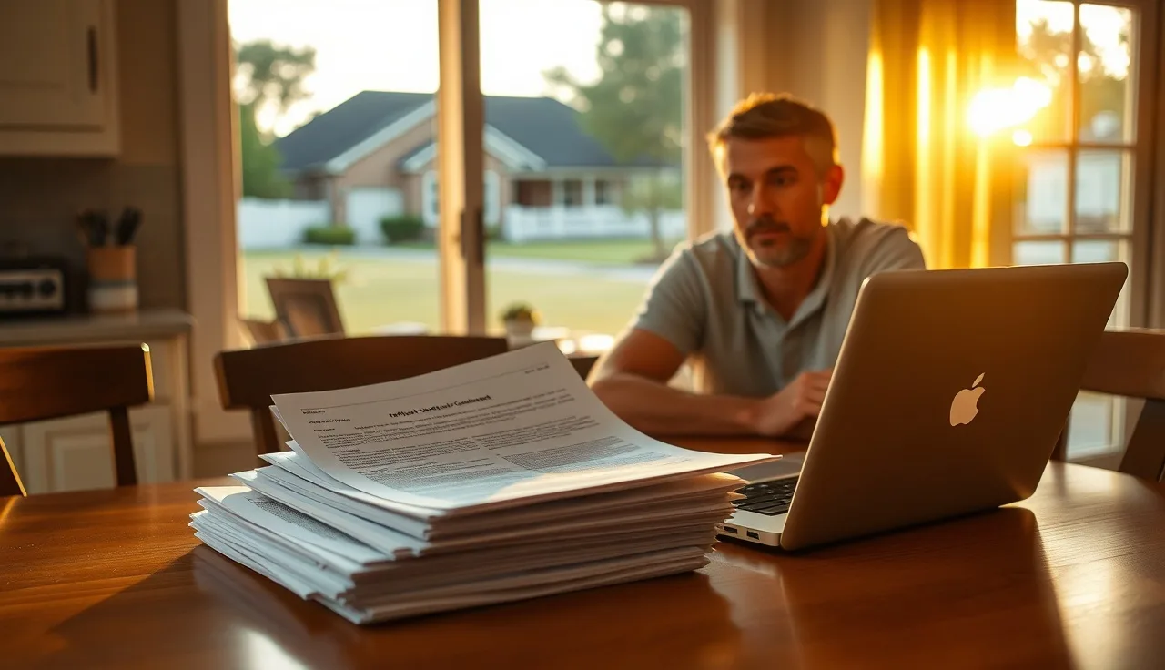 Homeowner reviewing property tax appeal documents at kitchen table, suburban home in background