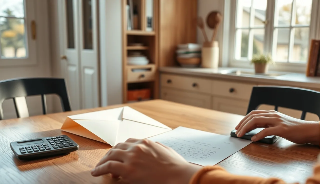Homeowner reviewing escrow analysis paperwork at a kitchen table after a property tax appeal