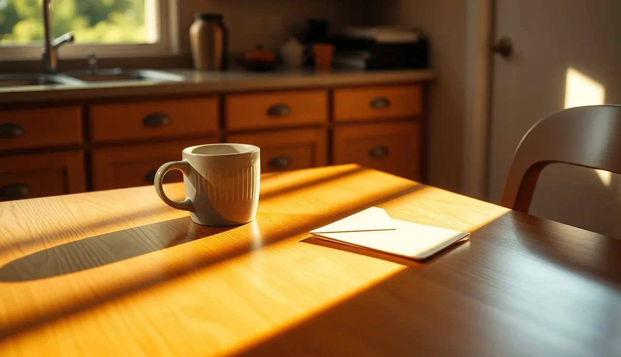 Unopened envelope on a kitchen table, suggesting a waiting property tax refund check