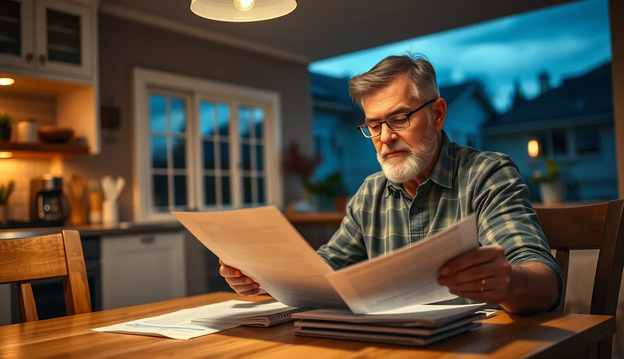 Homeowner reviewing property tax appeal documents at kitchen table in evening light