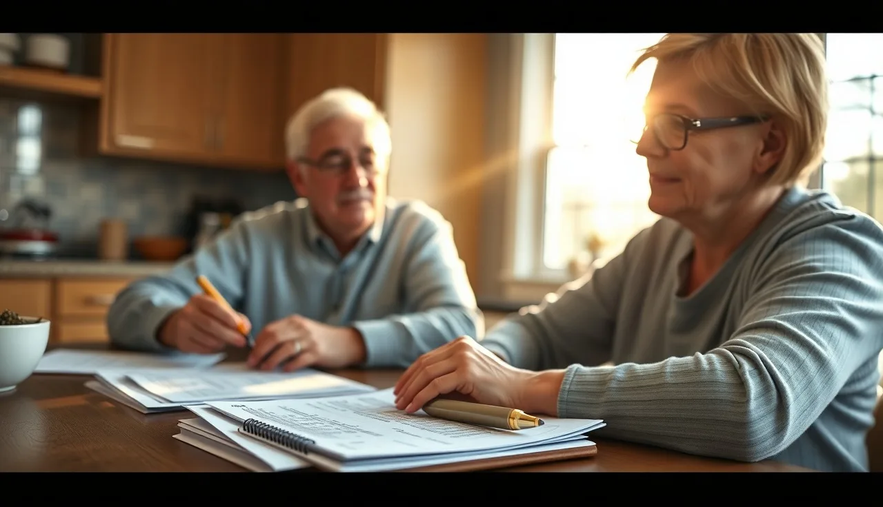 Homeowner reviewing property tax assessment notices at kitchen table in morning light