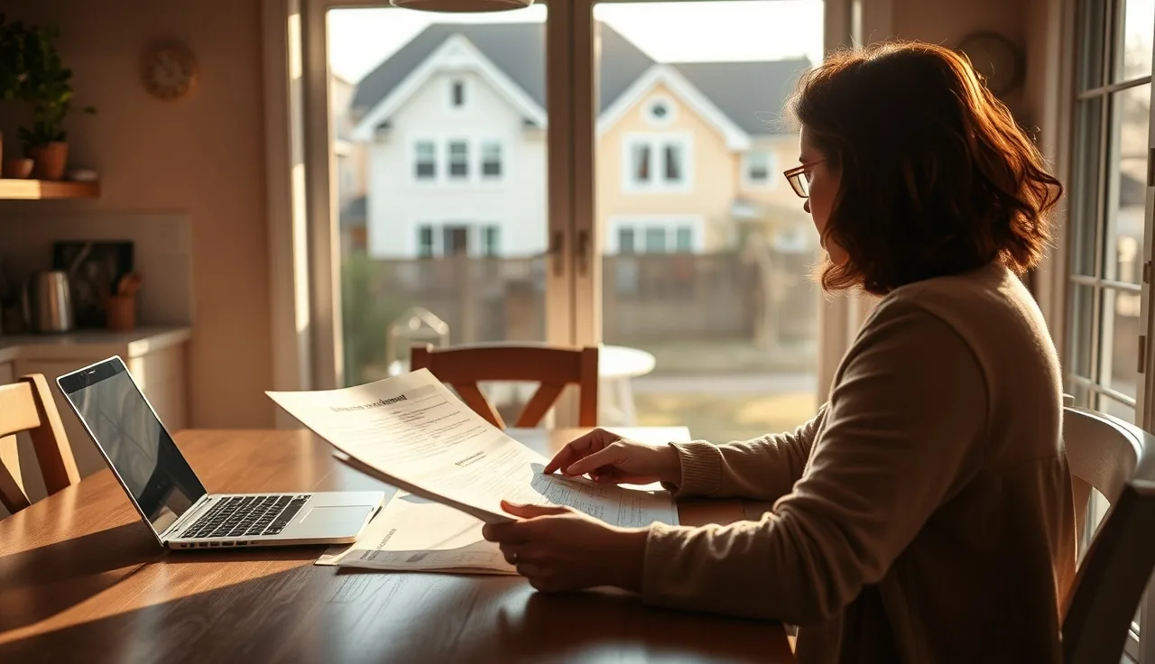 Homeowner reviewing property tax assessment documents at a kitchen table with laptop
