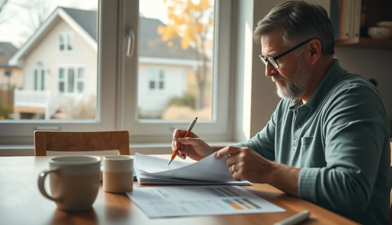 Homeowner reviewing property tax assessment papers at kitchen table with house outside window
