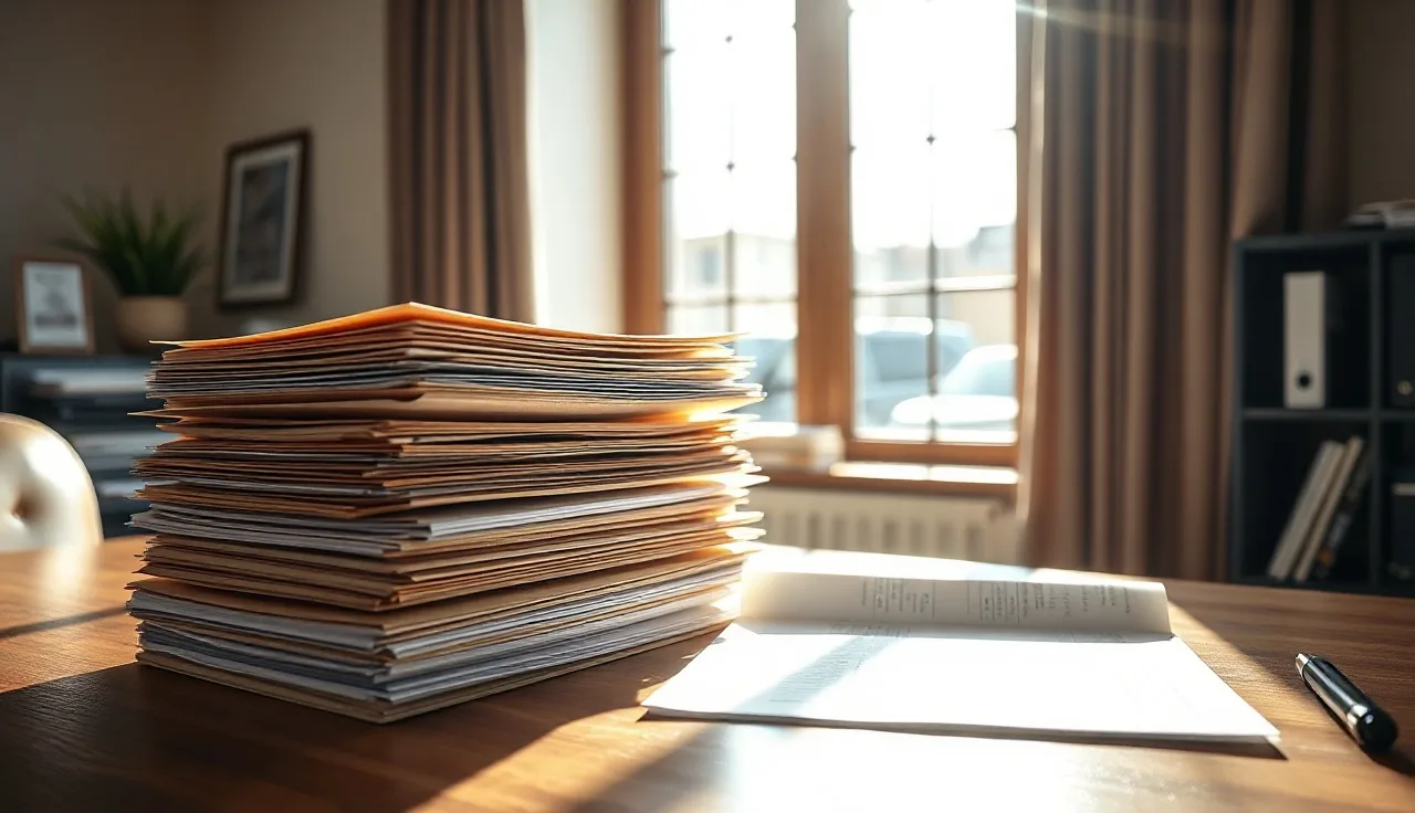 Two stacks of property appeal folders on a government office desk in morning light