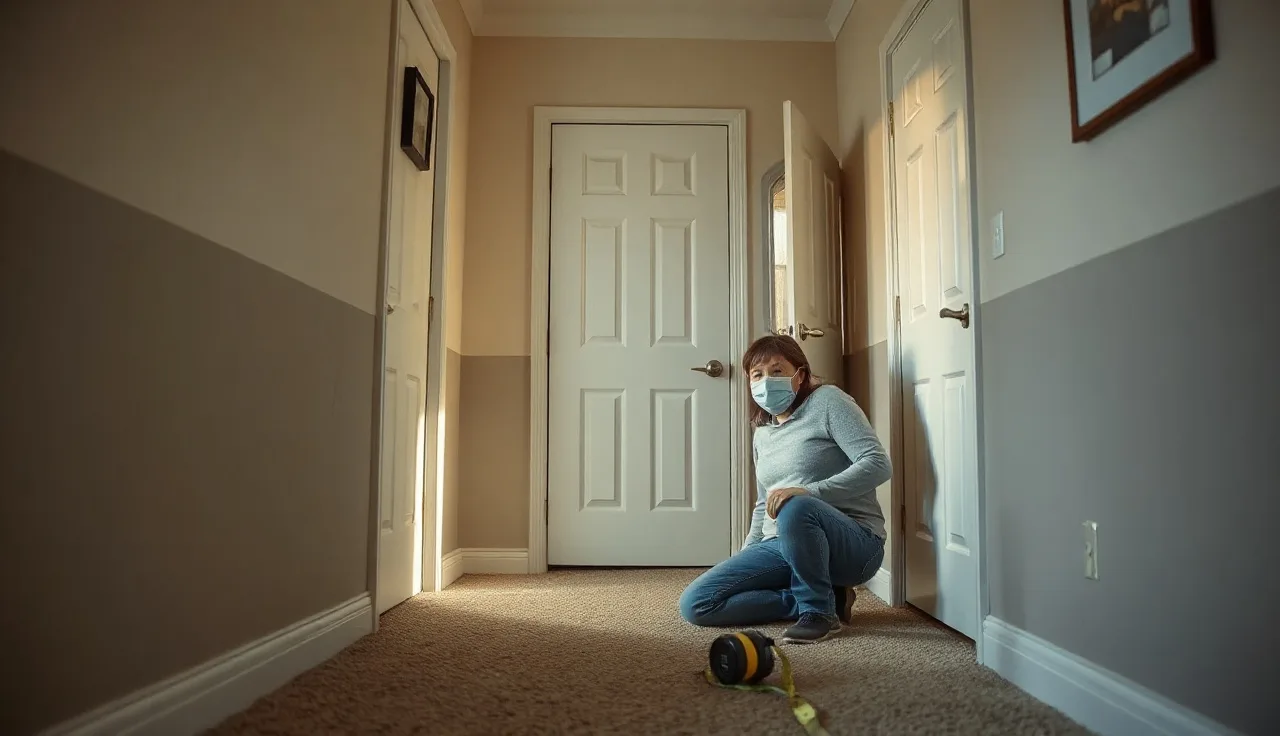 Homeowner measuring a hallway near a closed door checking for bathroom that does not exist