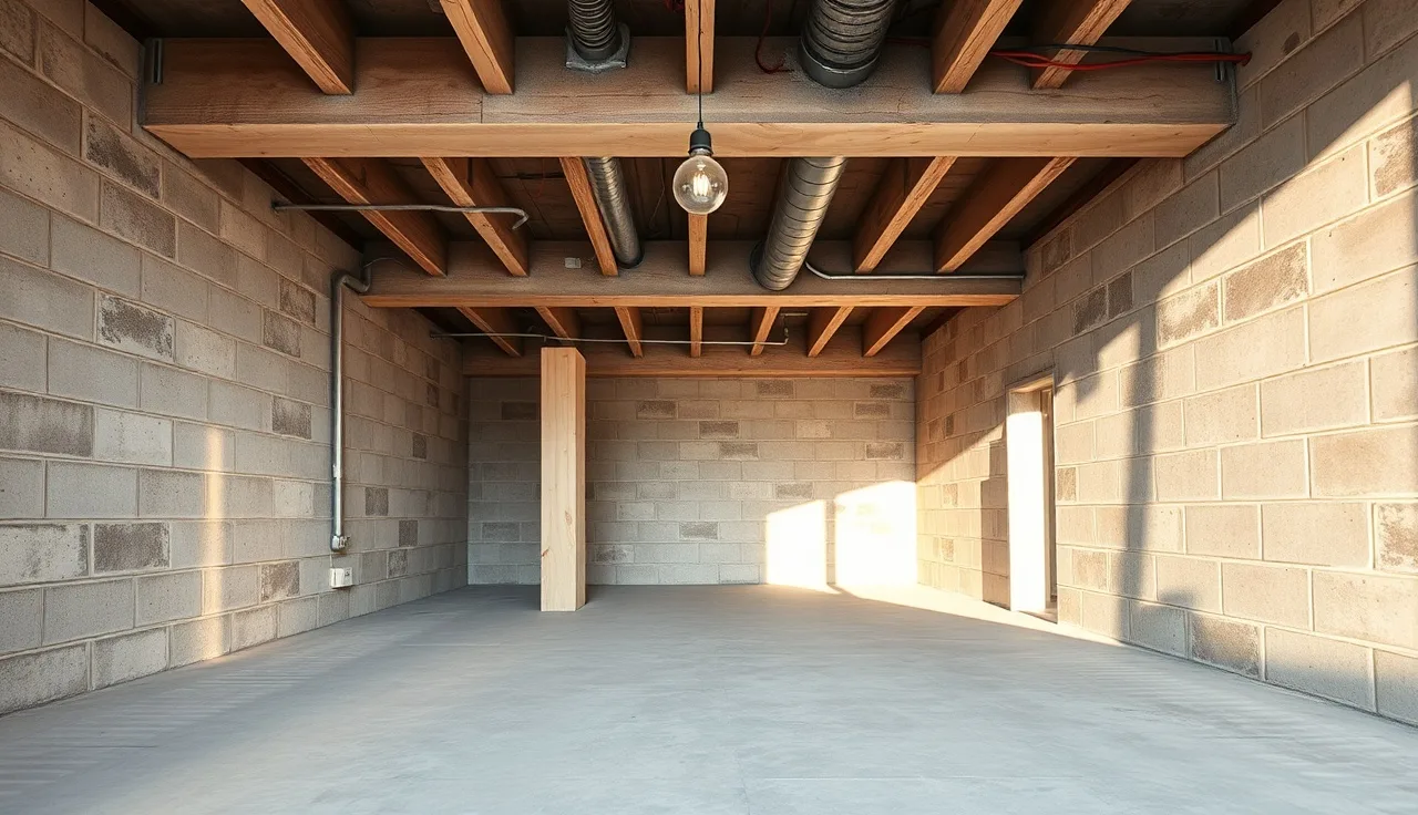 Unfinished basement with exposed concrete walls and open ceiling joists showing raw construction