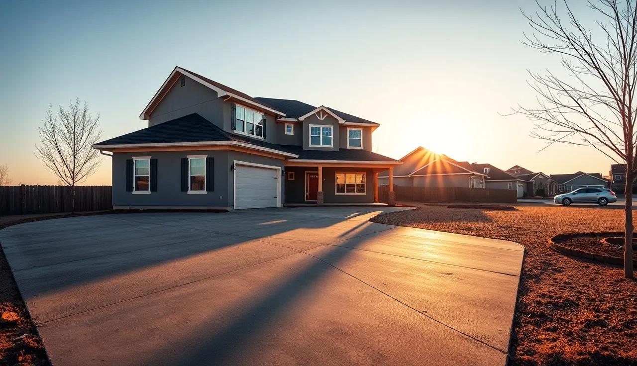 Newly built two-story house with bare landscaping and empty driveway at golden hour