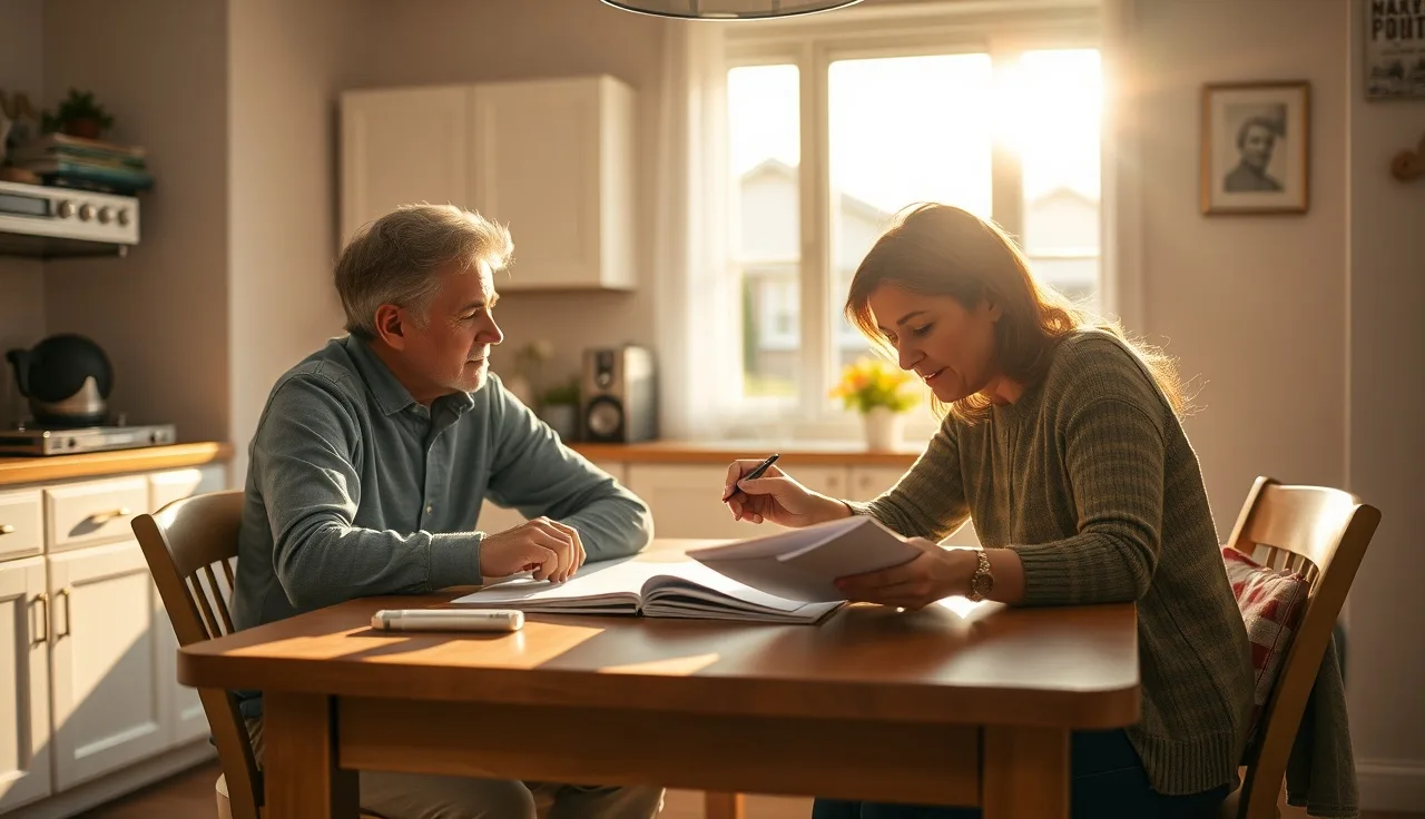 Two people reviewing property documents at a kitchen table before a real estate closing
