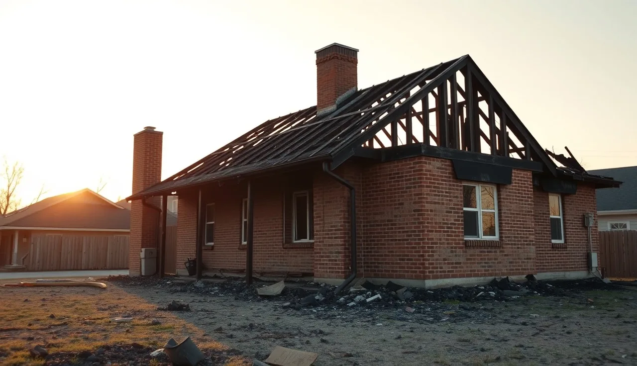 Partially burned suburban house with exposed roof timbers after fire damage