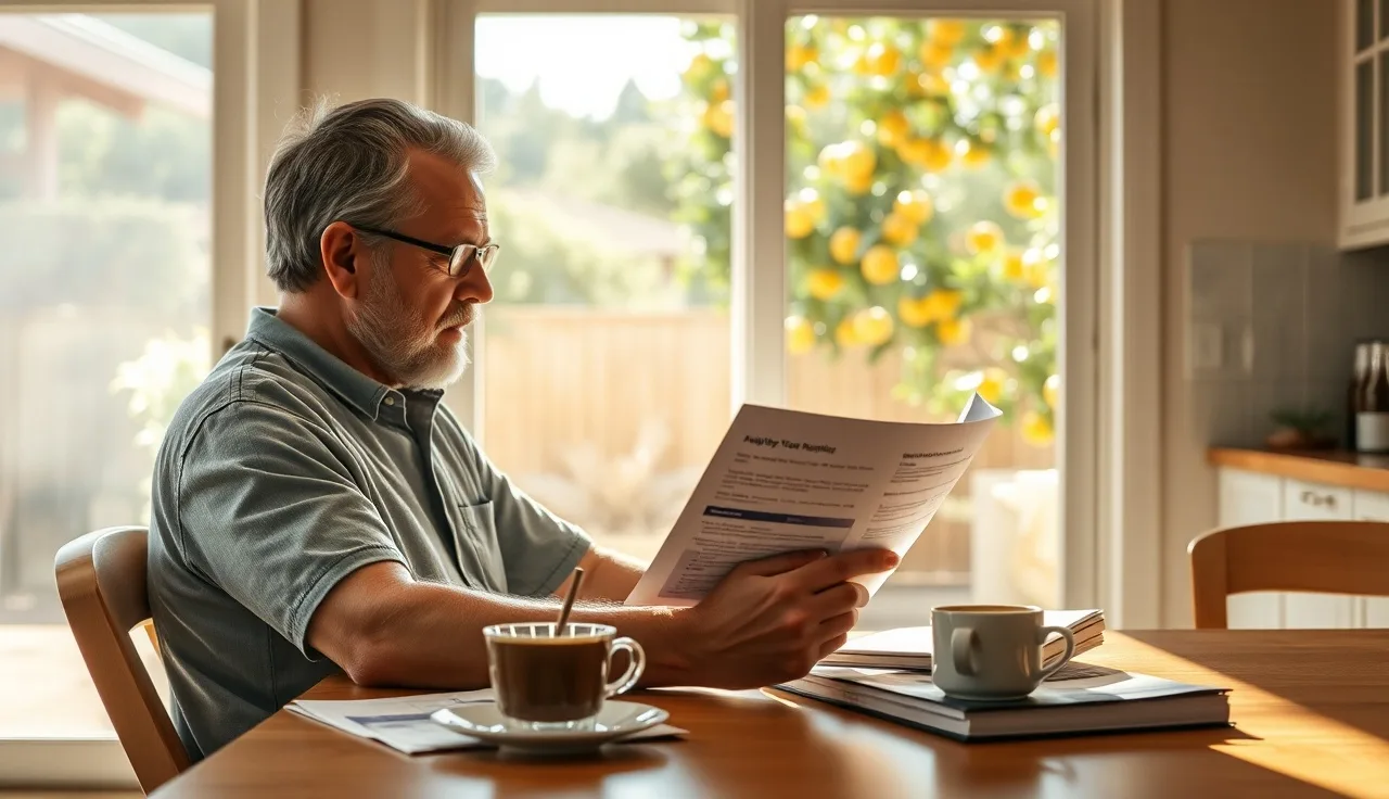 Homeowner reviewing property tax appeal documents at a sunlit California kitchen table