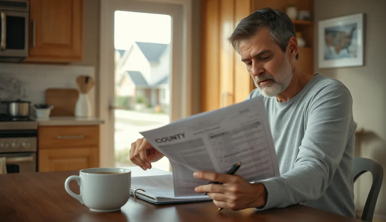 Homeowner reviewing property tax assessment documents at kitchen table
