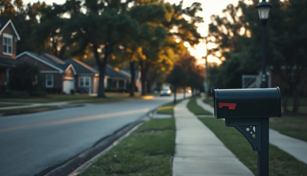 Quiet suburban street in Cherokee County Georgia with brick homes and morning light