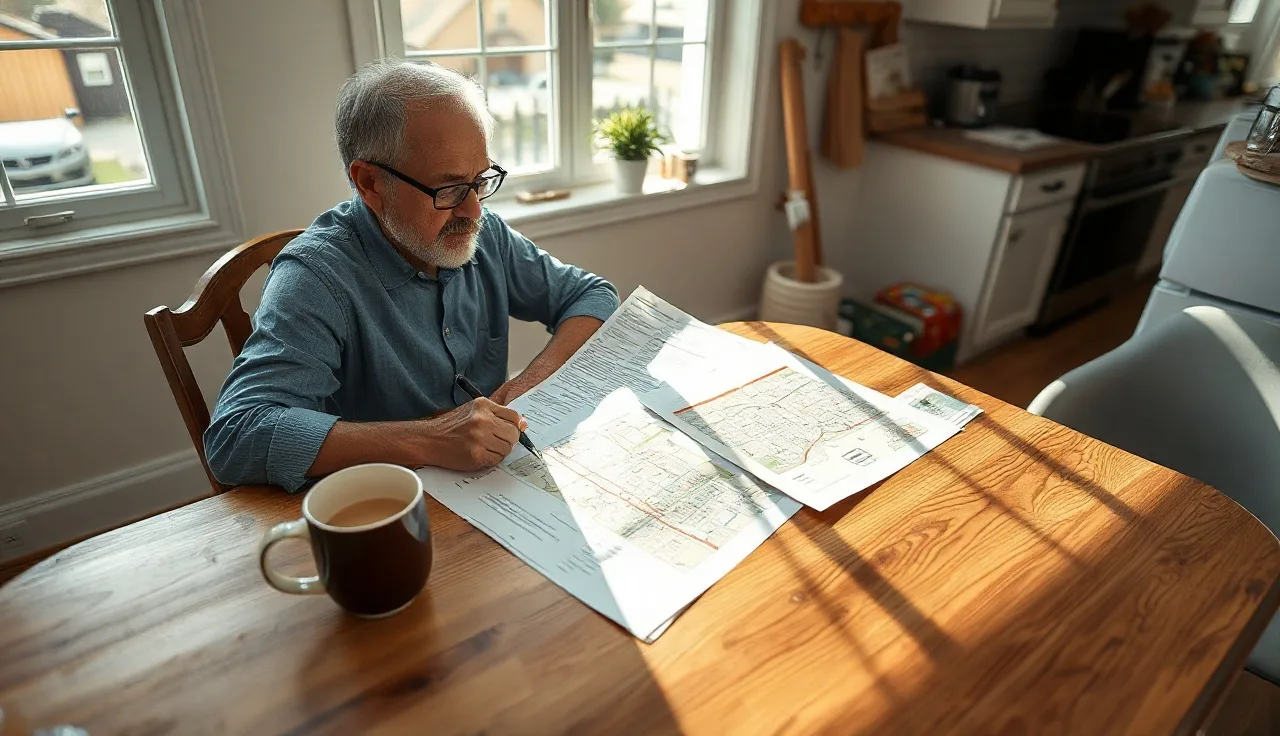Homeowner reviewing printed comparable sales spreadsheets and a neighborhood map at a kitchen table