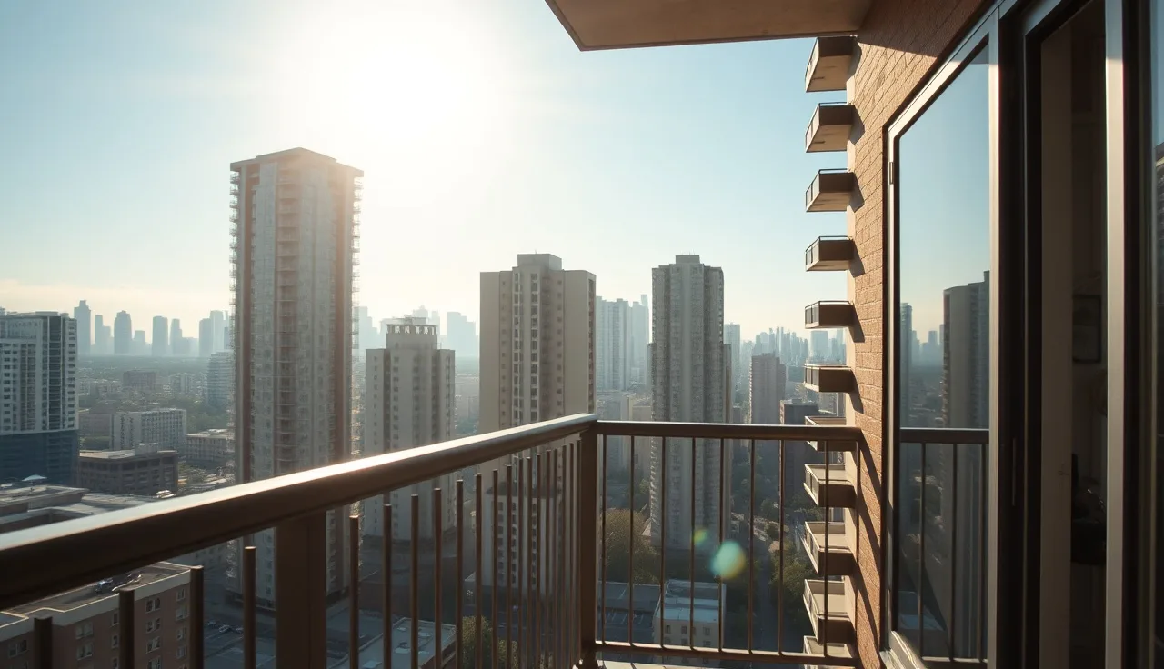 Sunlit condo balcony overlooking a city skyline with residential towers in background