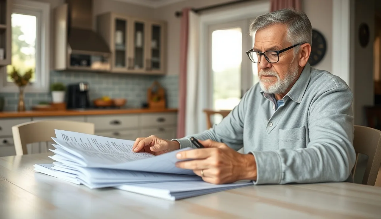 Homeowner reviewing property tax assessment documents at kitchen table