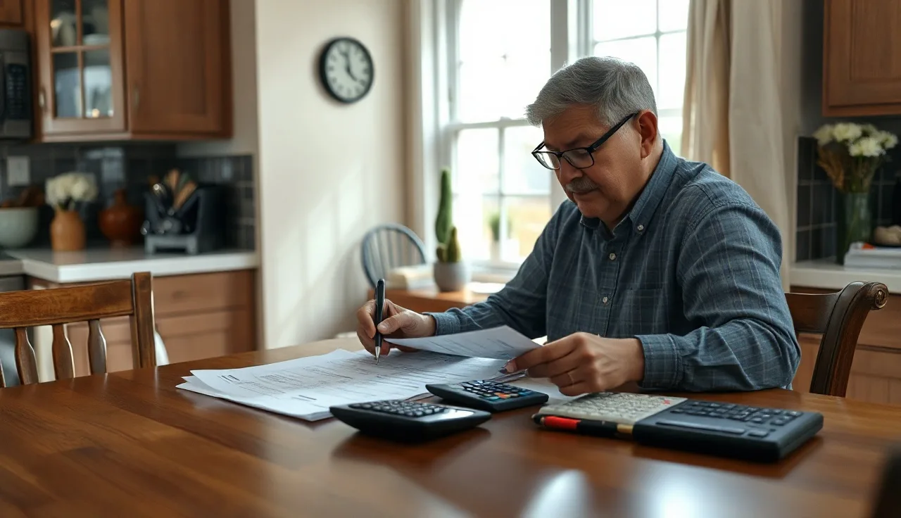 Homeowner reviewing property tax documents at kitchen table with calculator