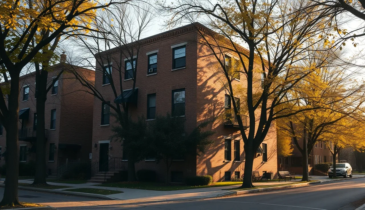 Brick two-flat home on a quiet Chicago residential street in autumn morning light