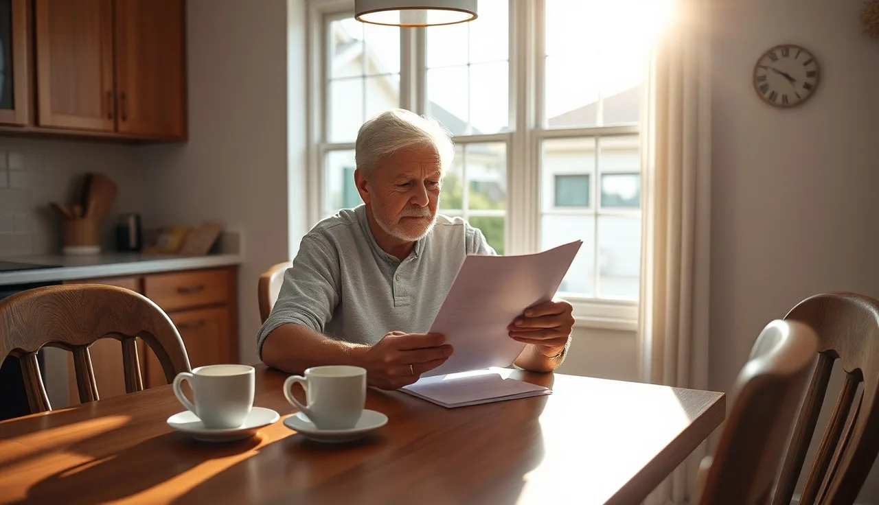 Homeowner reviewing property assessment paperwork at kitchen table in morning light