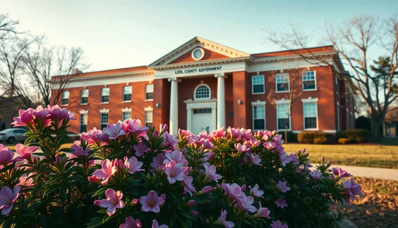 Coweta County government building exterior in Newnan Georgia on a spring morning