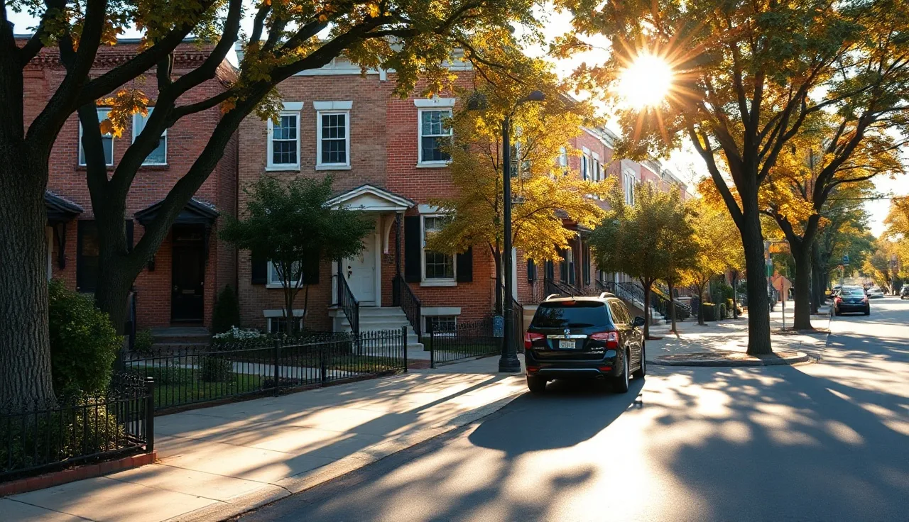 Sunlit brick rowhouse on a Washington DC residential street in autumn