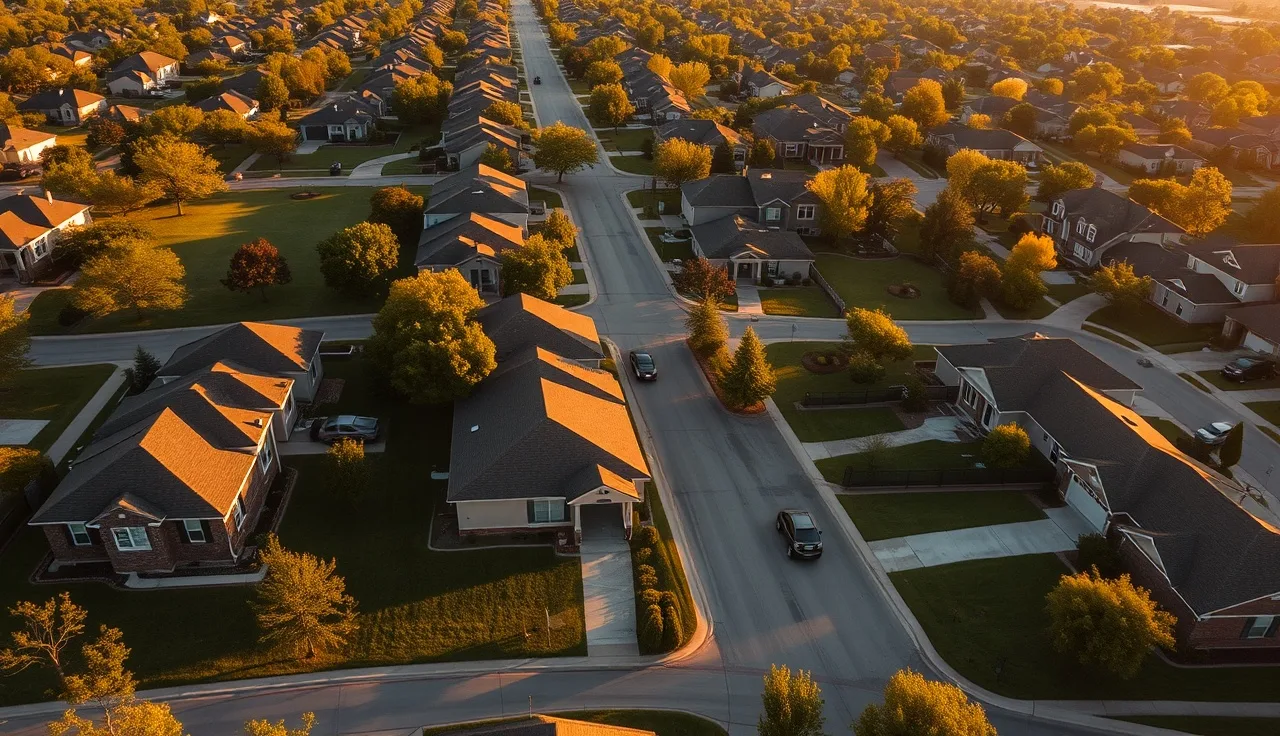 Aerial view of a Lewisville Texas suburban neighborhood at golden hour