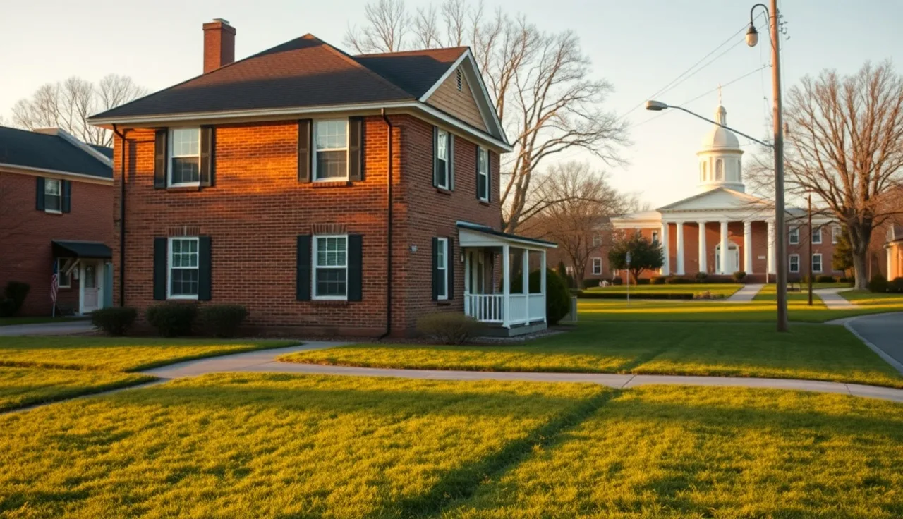 Brick house on a residential street near an Effingham County government building in spring morning light