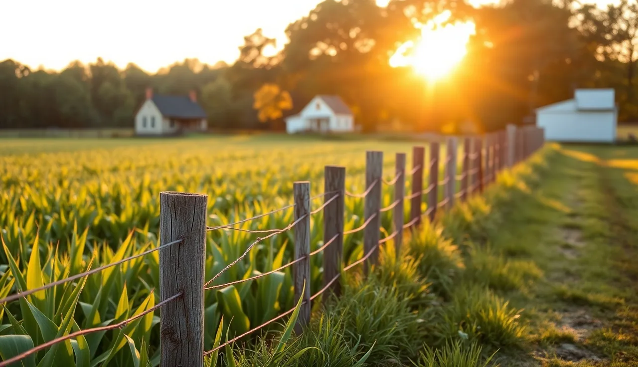 Corn field meeting a rural farmhouse at golden hour near a split-rail fence
