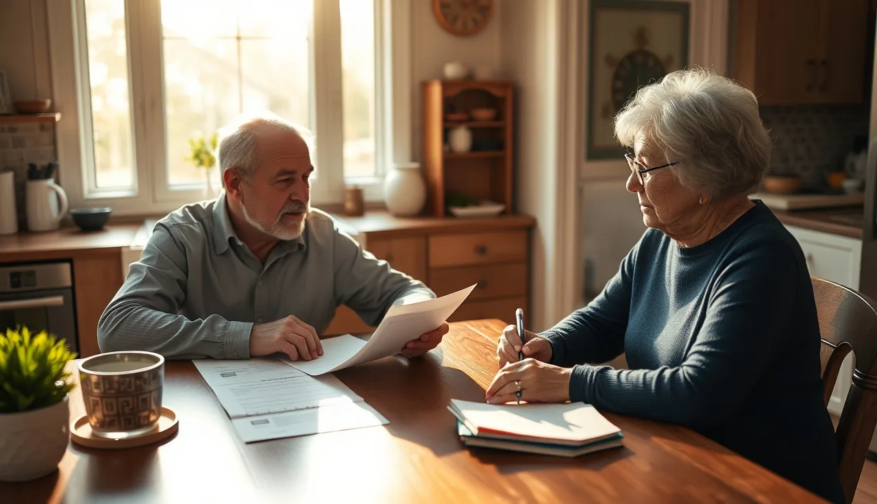 Homeowner reviewing property tax documents with a legal aid advisor at a kitchen table