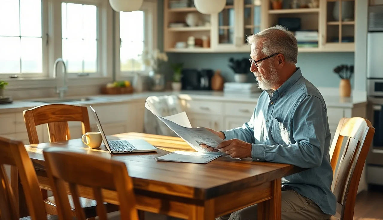 Homeowner reviewing Galveston County property tax documents at kitchen table