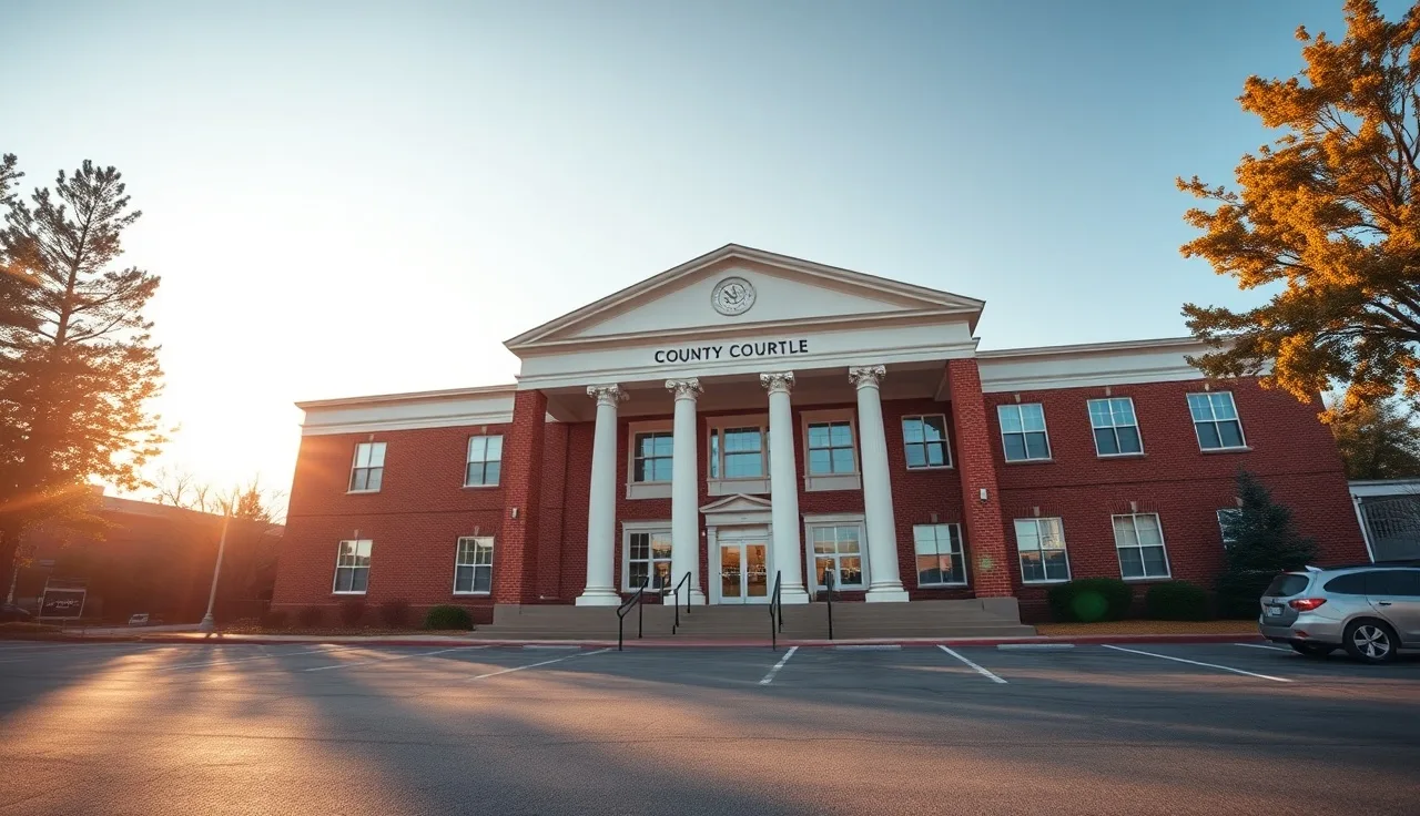 Georgia county courthouse exterior on a sunny morning before a property tax hearing