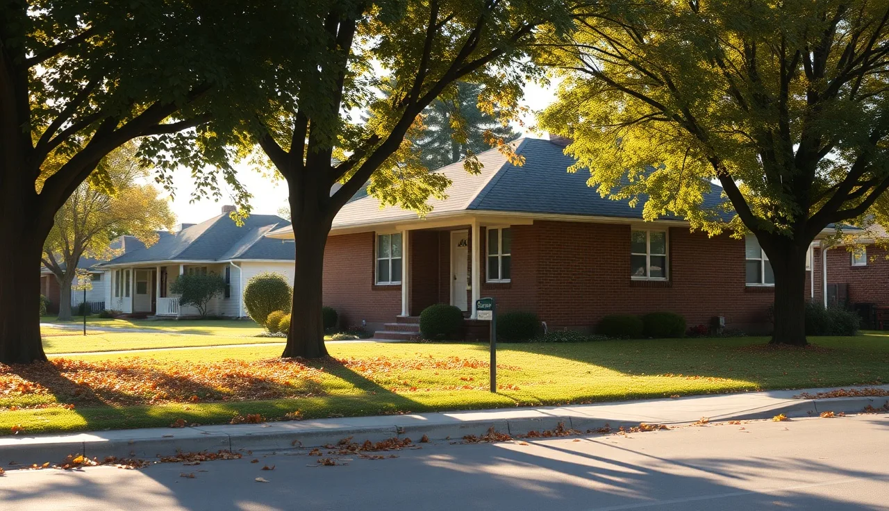 Brick bungalow on a Grand Rapids residential street in autumn morning light