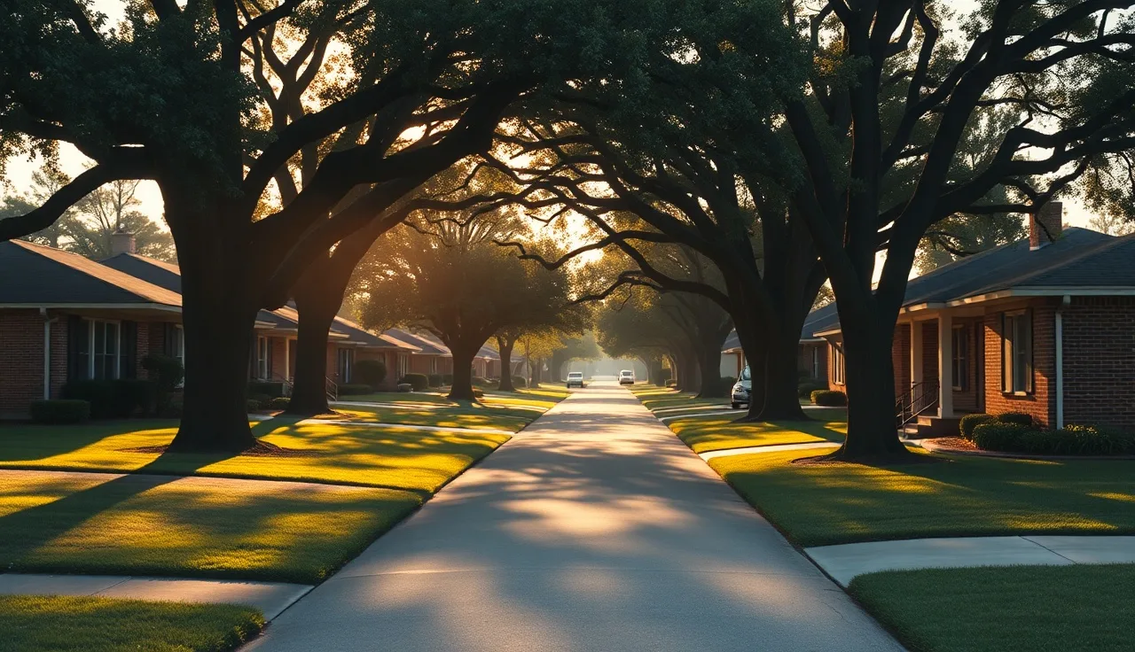 Quiet residential street in Hall County Georgia with brick homes and oak trees