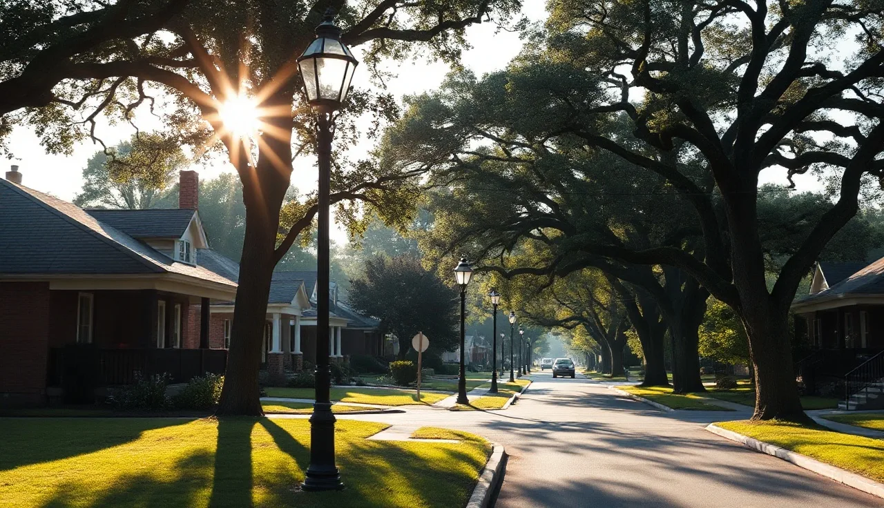 Quiet Chattanooga neighborhood street with brick homes and oak trees