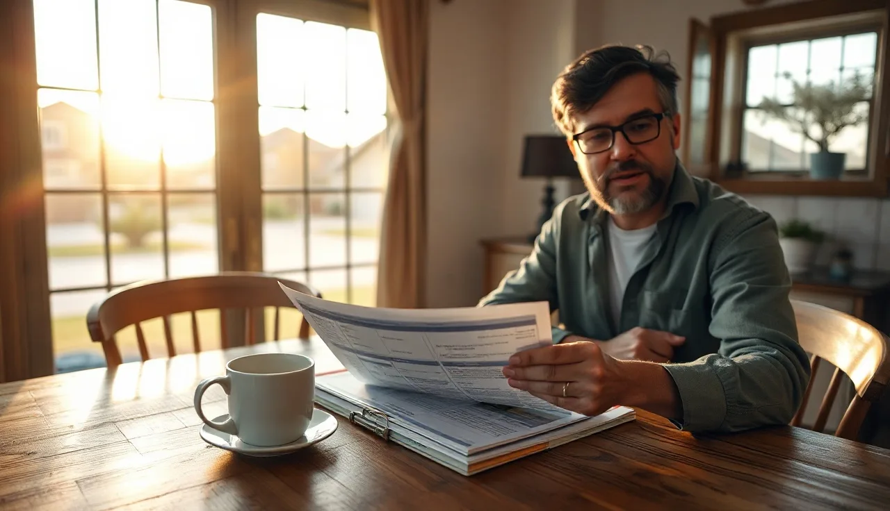 Homeowner reviewing property tax documents at kitchen table in Texas suburb