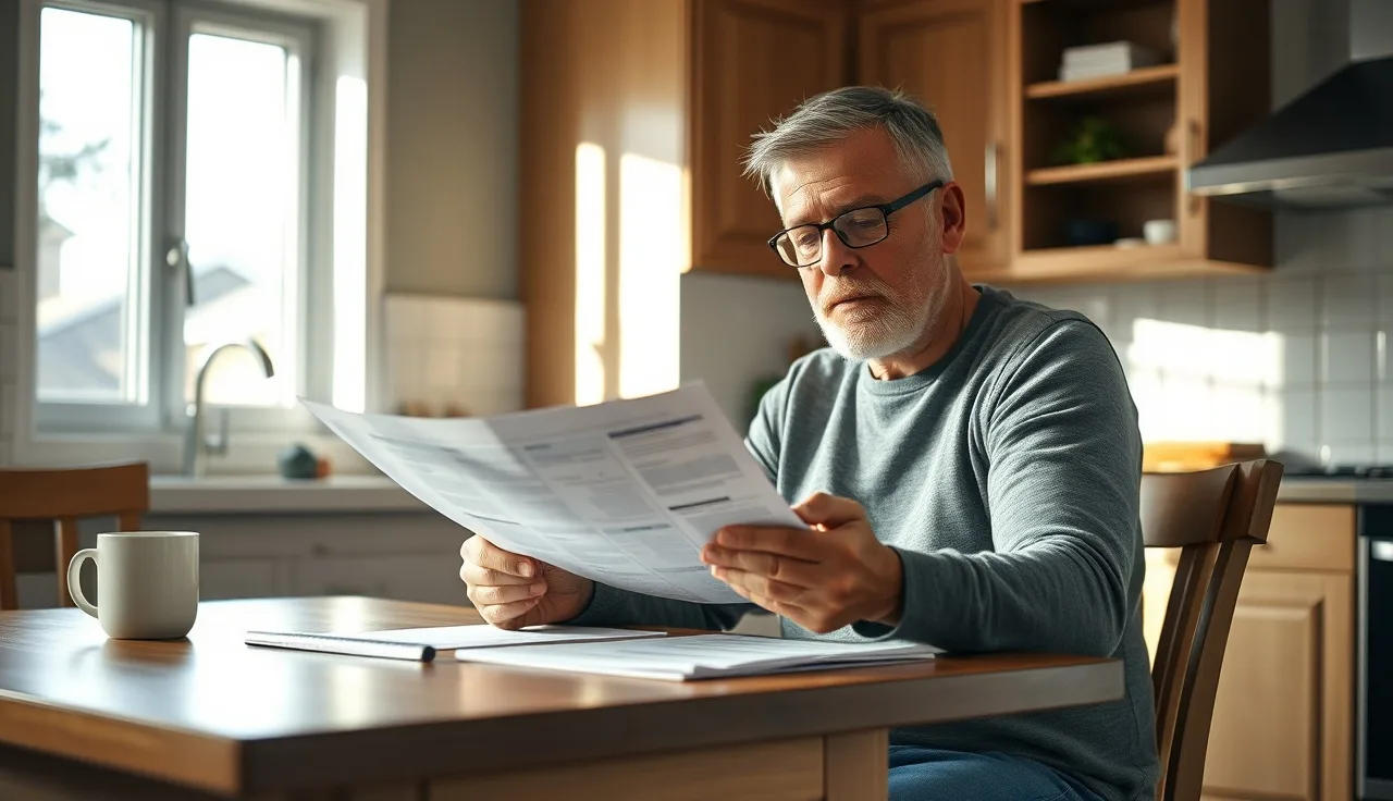 Homeowner reading a property tax contingency fee agreement at kitchen table