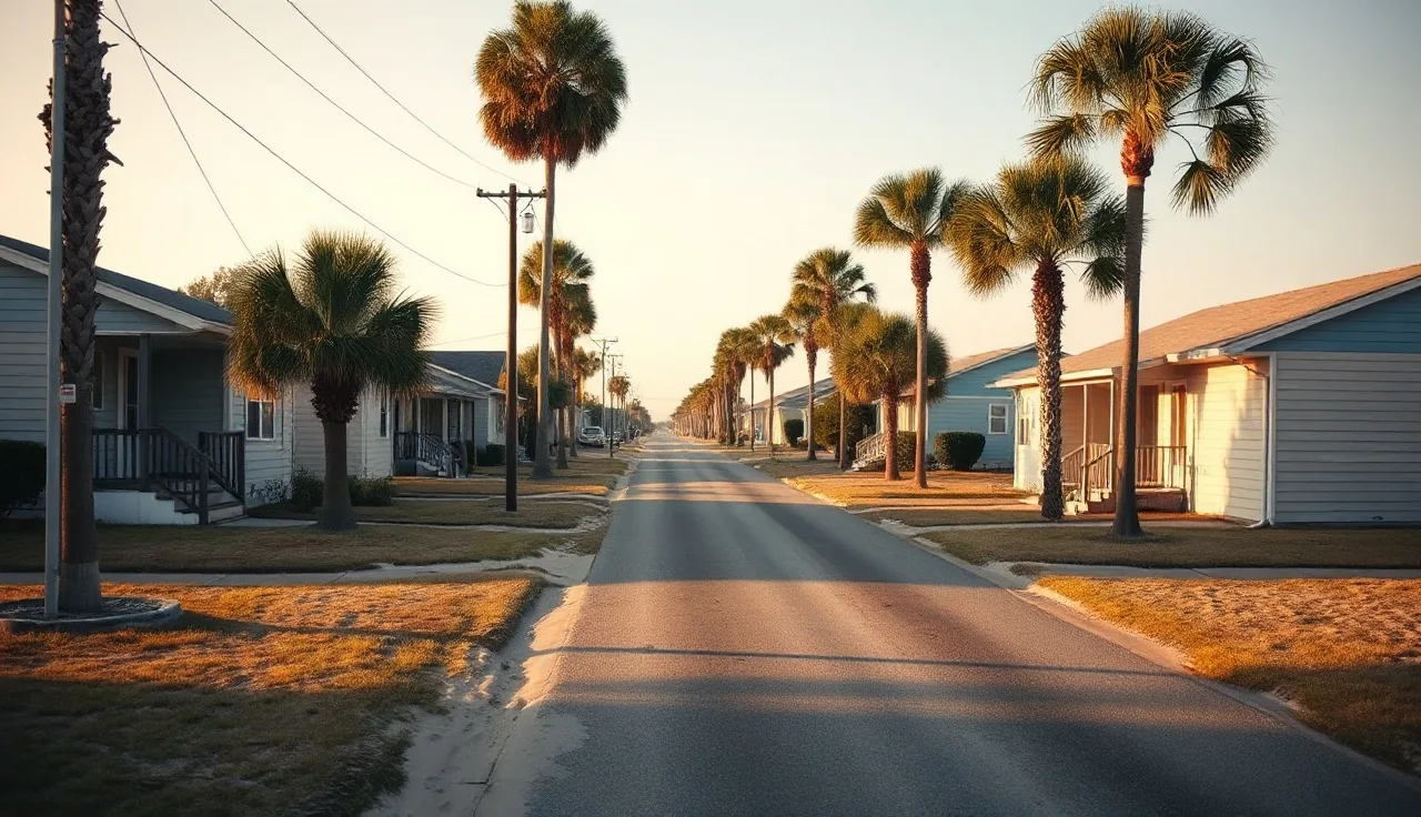 Coastal South Carolina residential street with homes and palm trees in morning light
