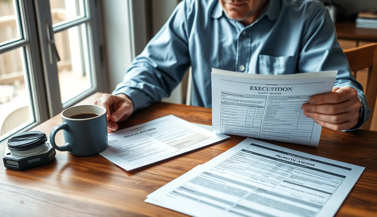 Executor reviewing property tax assessment documents at a kitchen table