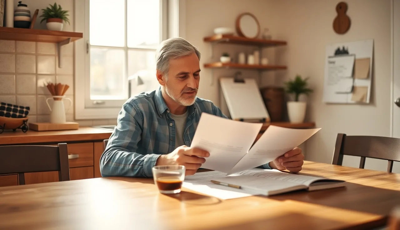 Homeowner reviewing property tax appeal documents at a kitchen table
