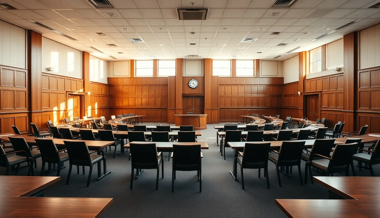 Empty county board of review hearing room with wooden tables and morning light
