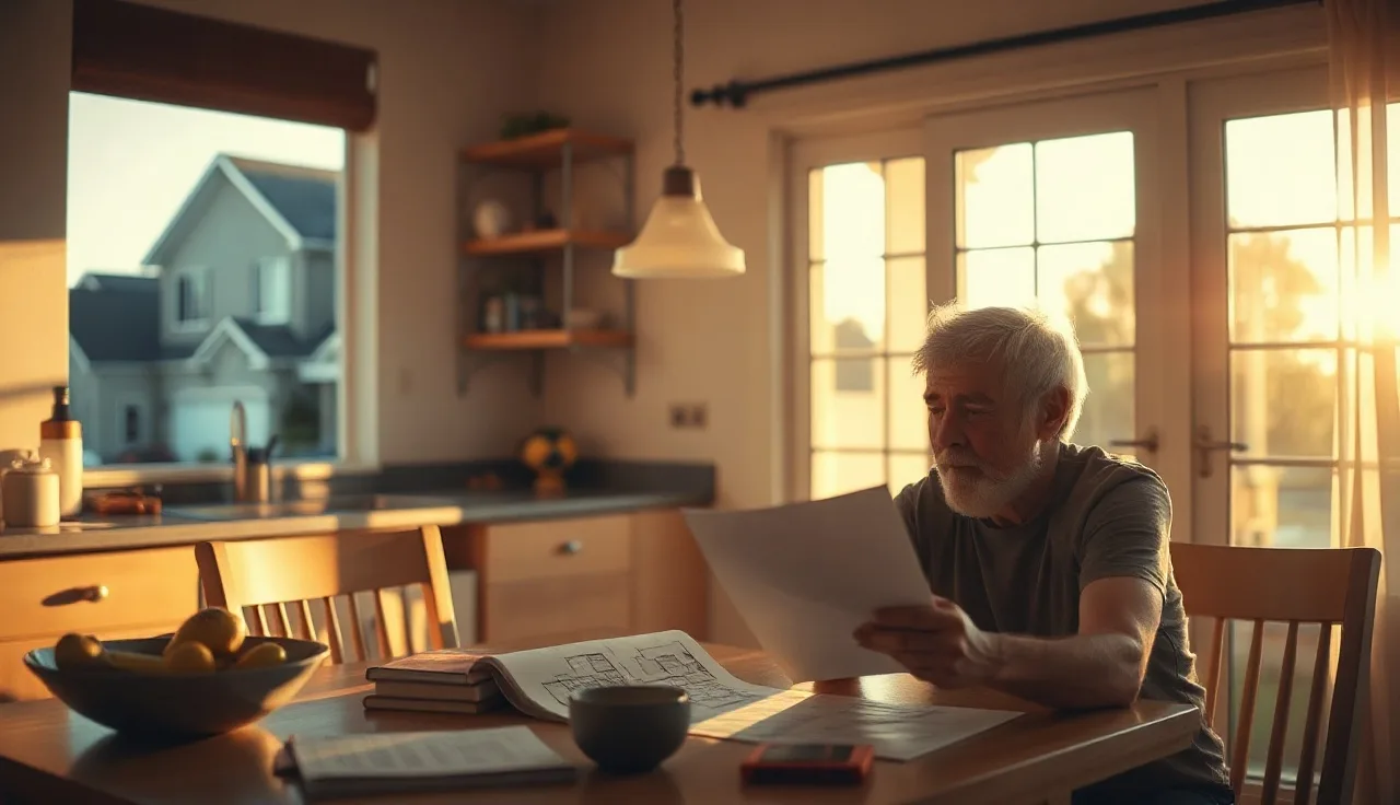 Homeowner reviewing property documents at kitchen table with new house visible outside