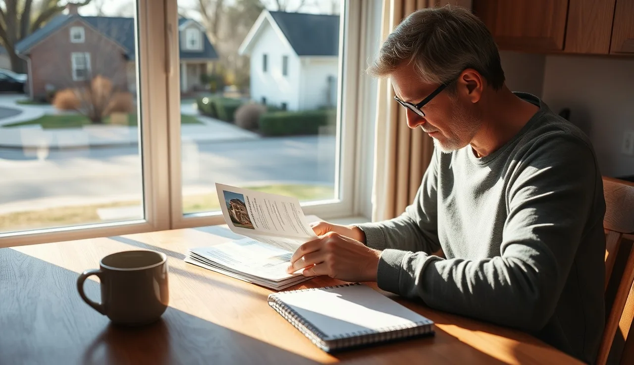 Homeowner reviewing property assessment documents at kitchen table to appeal taxes