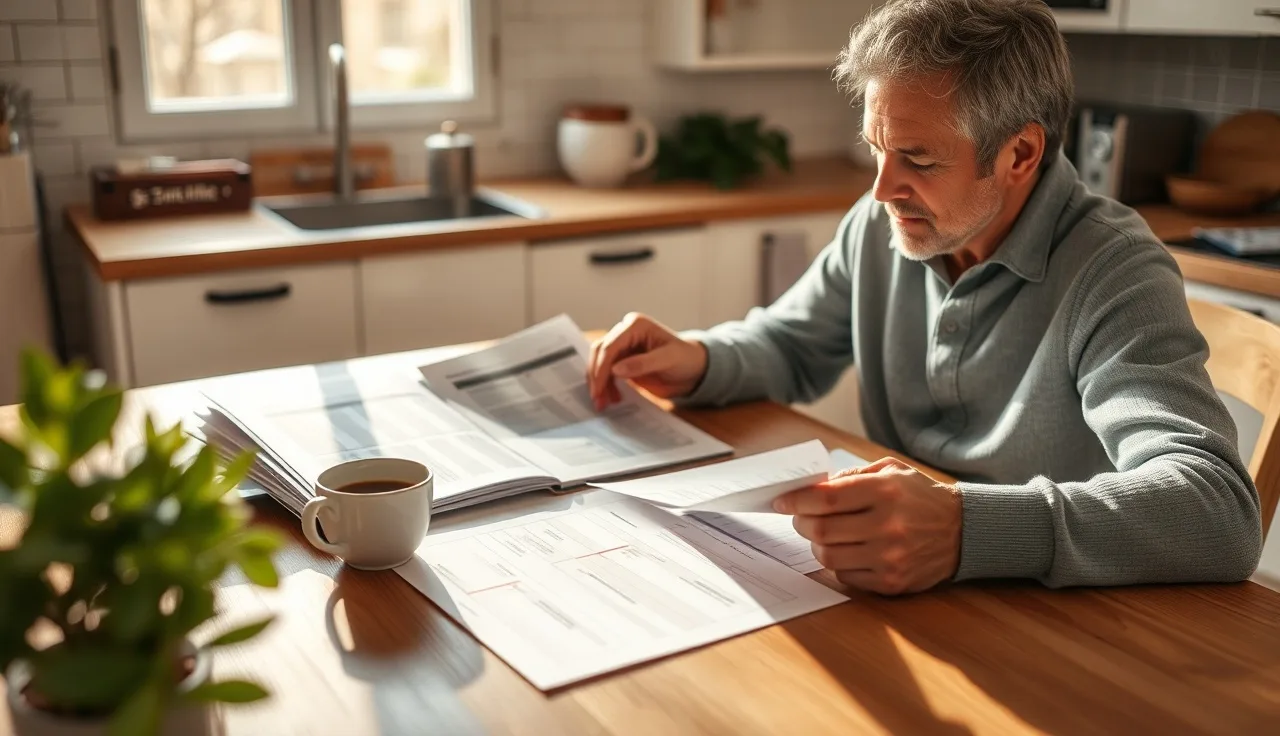 Homeowner reviewing property assessment documents at kitchen table without attorney